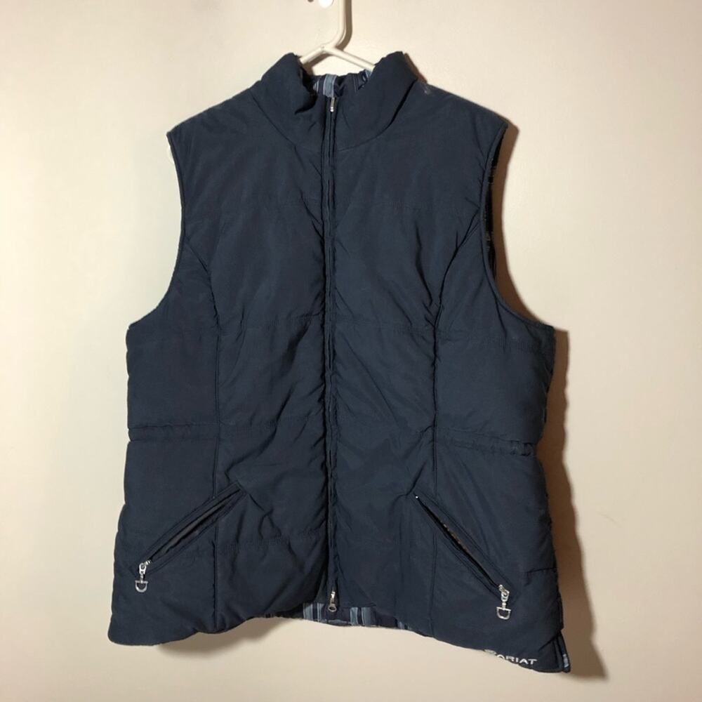 Ariat mens reversible puffer vest blue plaid full zip XXL stirrup metal pulls